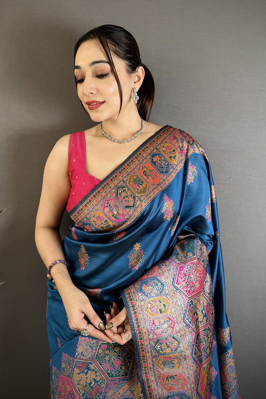Royal Navy Blue Kashmiri Printed Satin Silk Saree with Designer Border