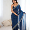 Designer Navy Blue Georgette Saree Heavy Border Party  Wear