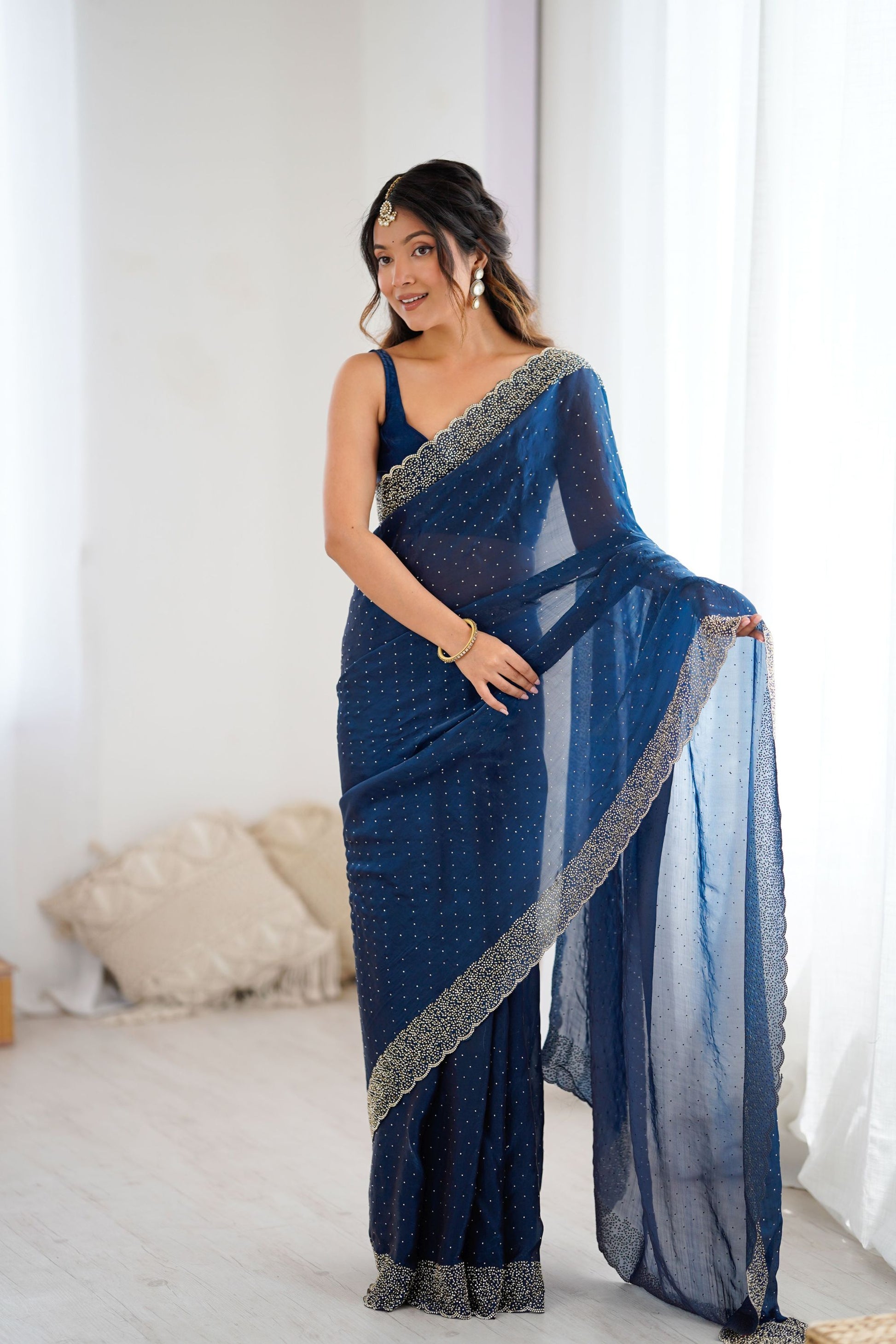 Designer Navy Blue Georgette Saree Heavy Border Party  Wear