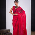 Red Organza Saree with Black Floral Embroidery Designer Saree