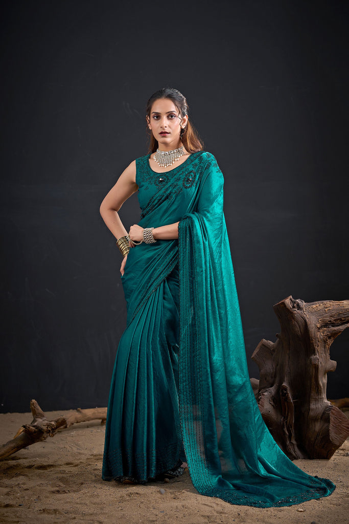 Teal Green Embroidered Silk Saree with Designer Blouse