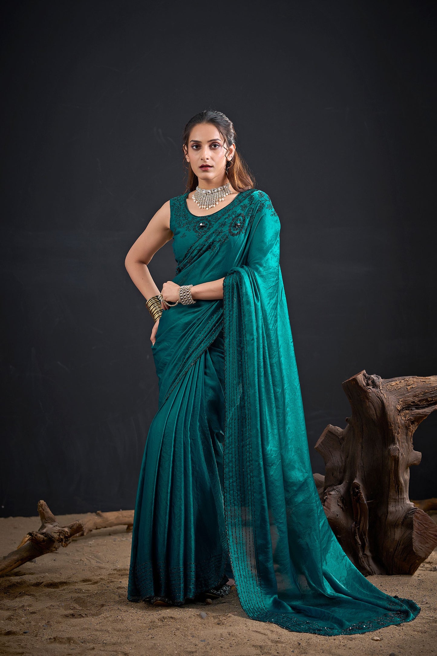 Teal Green Embroidered Silk Saree with Designer Blouse