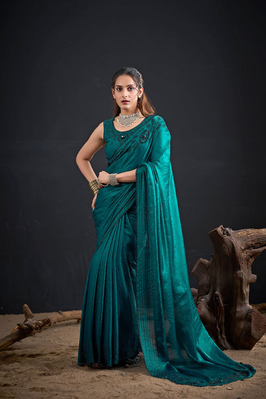 Teal Green Embroidered Silk Saree with Designer Blouse