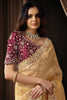 Golden Designer Saree with Heavy Embroidered Border Maroon Blouse