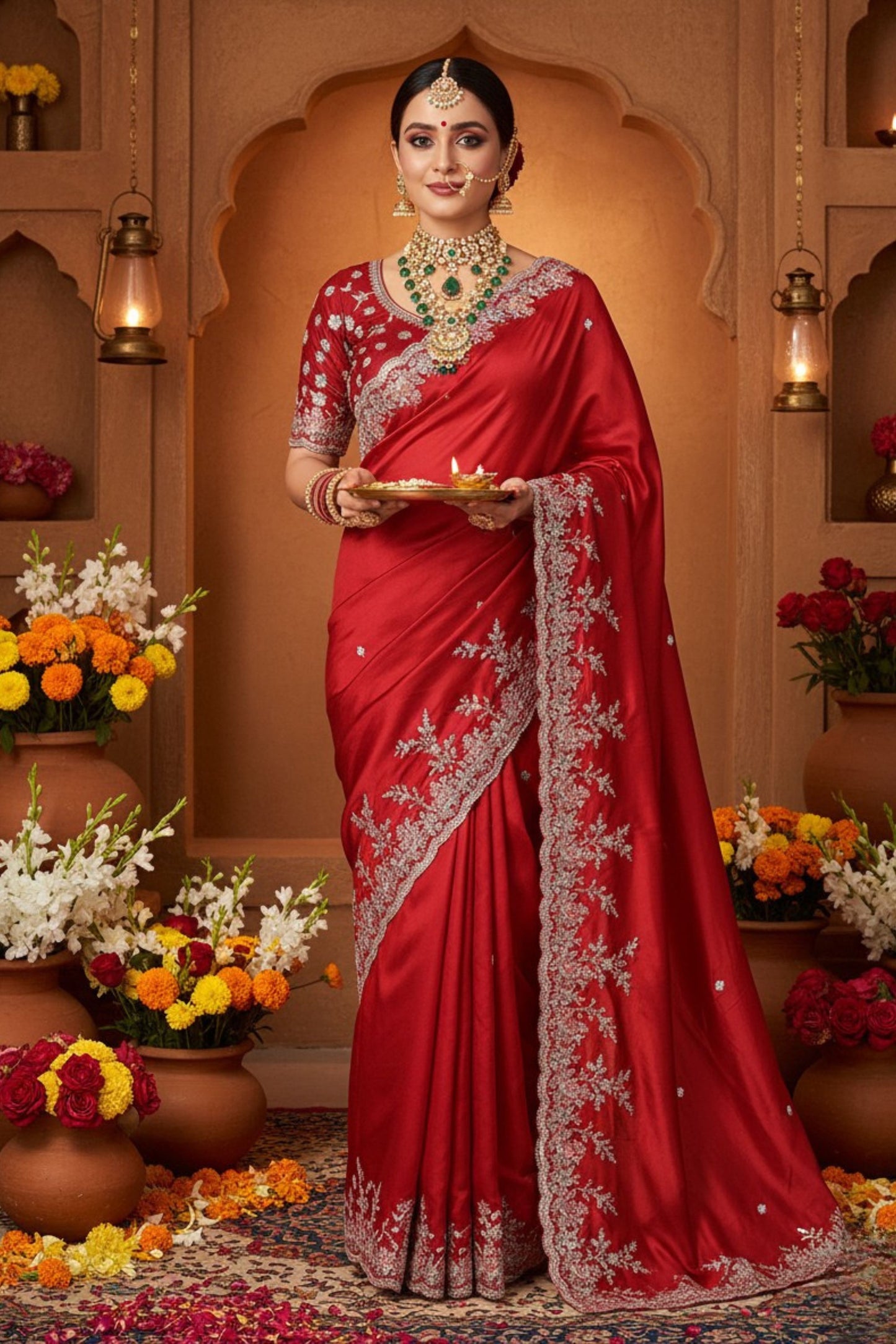 Elegant Red Silk Saree with Silver Embroidery Designer Blouse