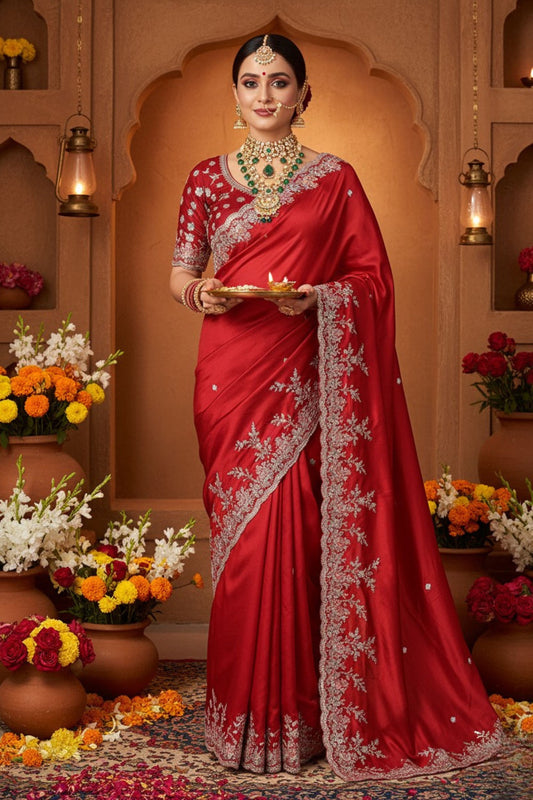 Elegant Red Silk Saree with Silver Embroidery Designer Blouse