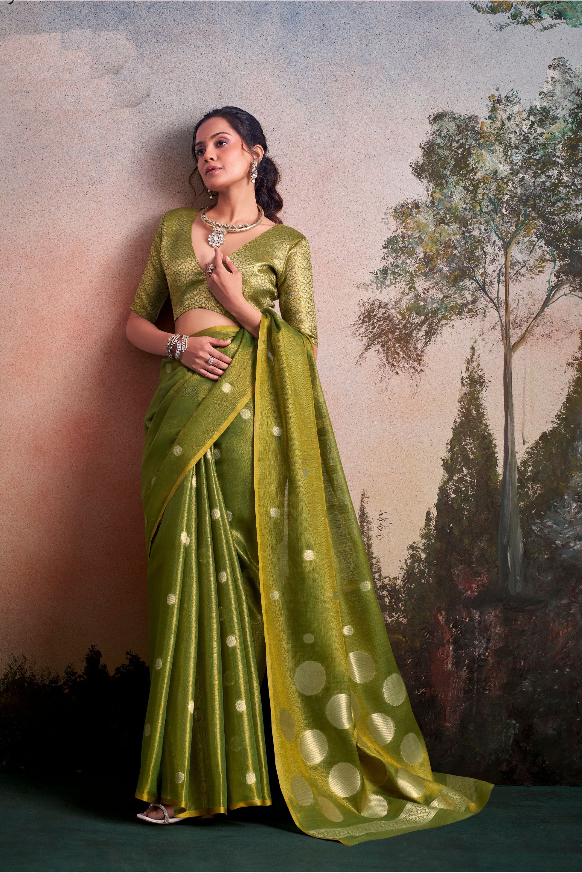 Olive Green Silk Saree with Zari Polka Dot Weaving Designer Saree