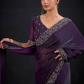 Wine Purple Silk Saree Antique Silver Zari Border Party Wear Saree