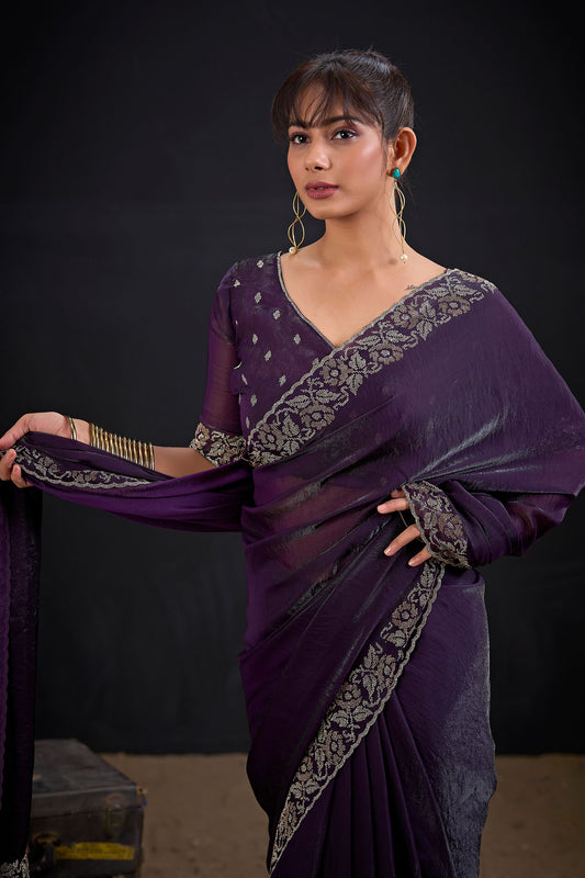 Wine Purple Silk Saree Antique Silver Zari Border Party Wear Saree