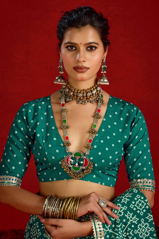 Teal Bandhej Print Designer Saree Matching Blouse Festive Wear