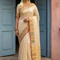  Cream Silk Saree with Multicolor Zari Border Buti Design 