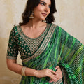 Green Georgette Saree with Golden Embroidered Border Designer Blouse