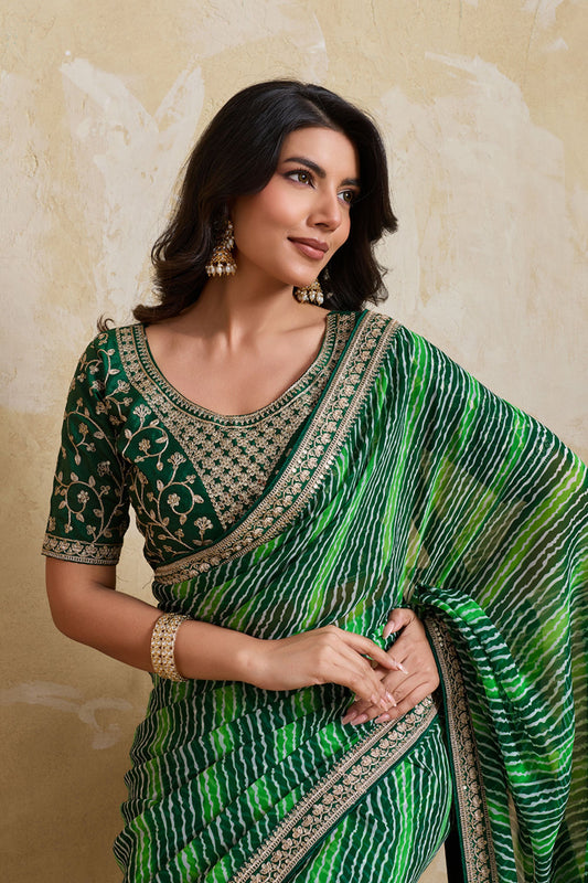 Green Georgette Saree with Golden Embroidered Border Designer Blouse