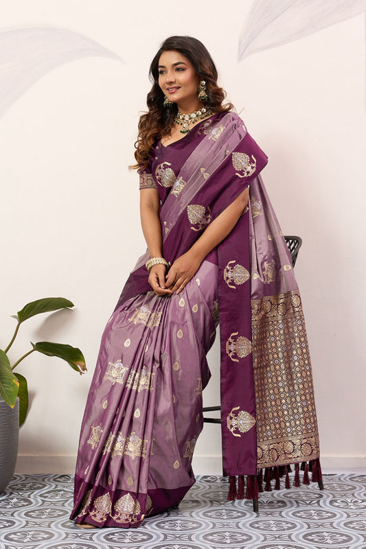 Wine Purple Banarasi Silk Saree Gold Zari Motifs Rich Woven Pallu