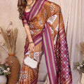 Brown And Wine Ikat Silk Saree with Traditional Saree Contrast Border
