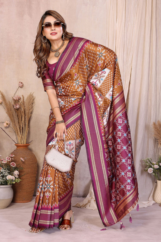 Brown And Wine Ikat Silk Saree with Traditional Saree Contrast Border