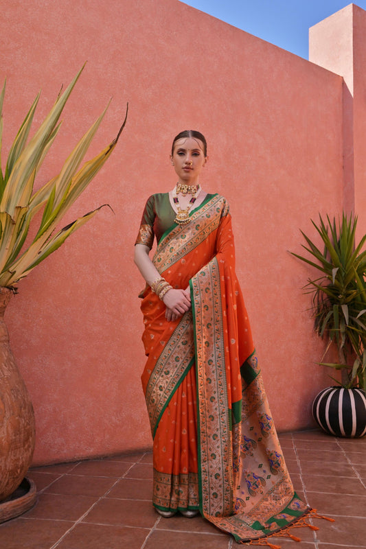 Traditional Orange Green Banarasi Silk Saree Zari Border Rich Designer Pallu