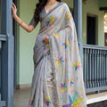 Grey Printed Linen Silk Saree with Multicolor Floral Leaf Design