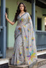 Grey Printed Linen Silk Saree with Multicolor Floral Leaf Design