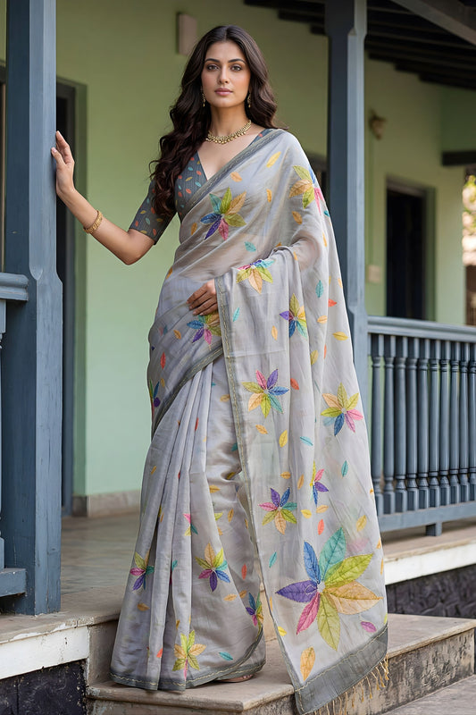 Grey Printed Linen Silk Saree with Multicolor Floral Leaf Design