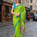  Lime Green Linen Cotton Saree with Floral Print Pallu Blue Border 