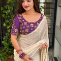 Off White Georgette Saree Golden Butti Designer Purple Floral Blouse