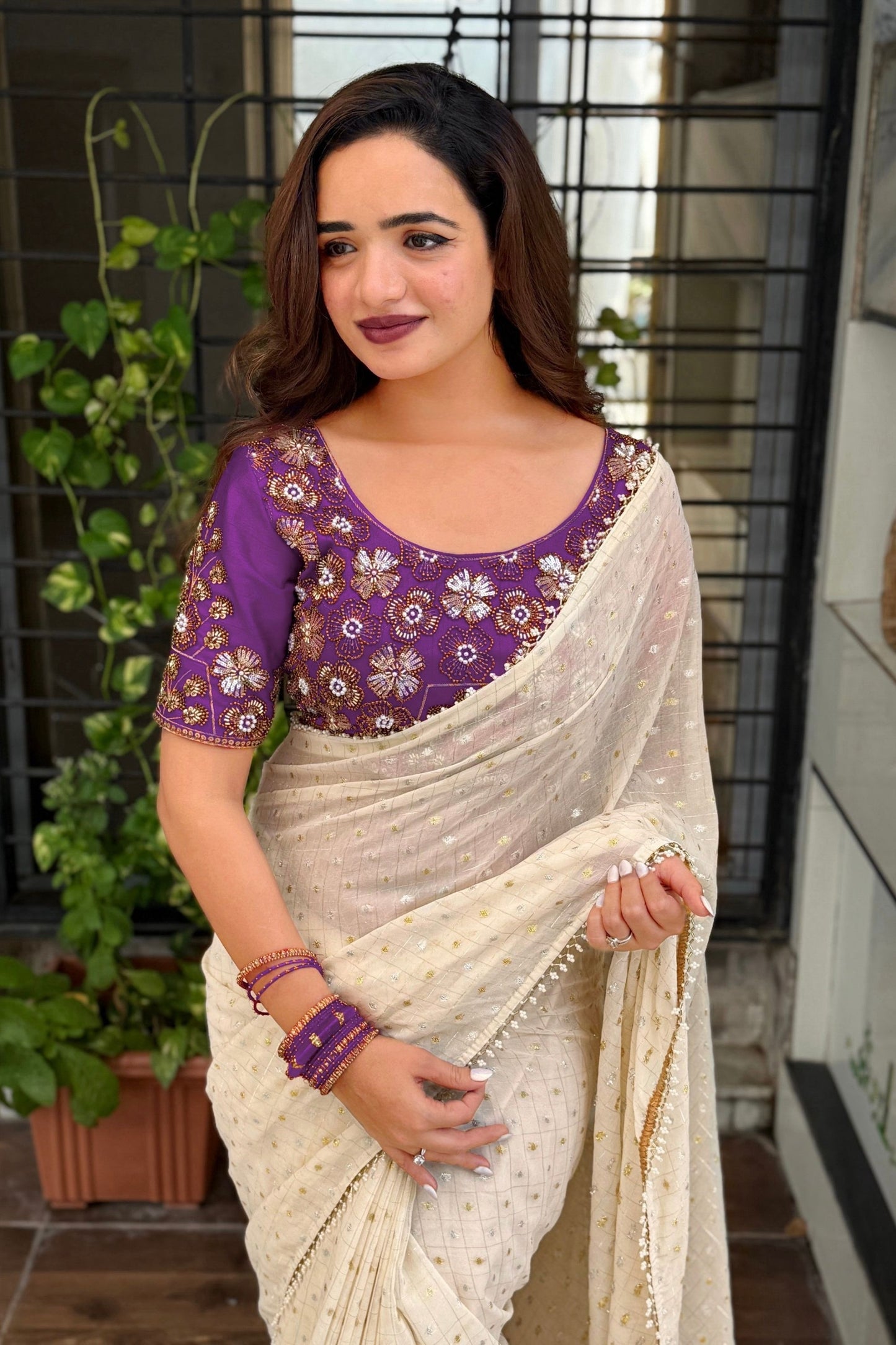 Off White Georgette Saree Golden Butti Designer Purple Floral Blouse