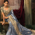 Blue Silk Saree with Heavy Gold Embroidered Border Designer Blouse