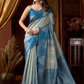  Blue Silver Banarasi Silk Saree with Woven Floral Design 