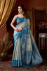  Blue Silver Banarasi Silk Saree with Woven Floral Design 
