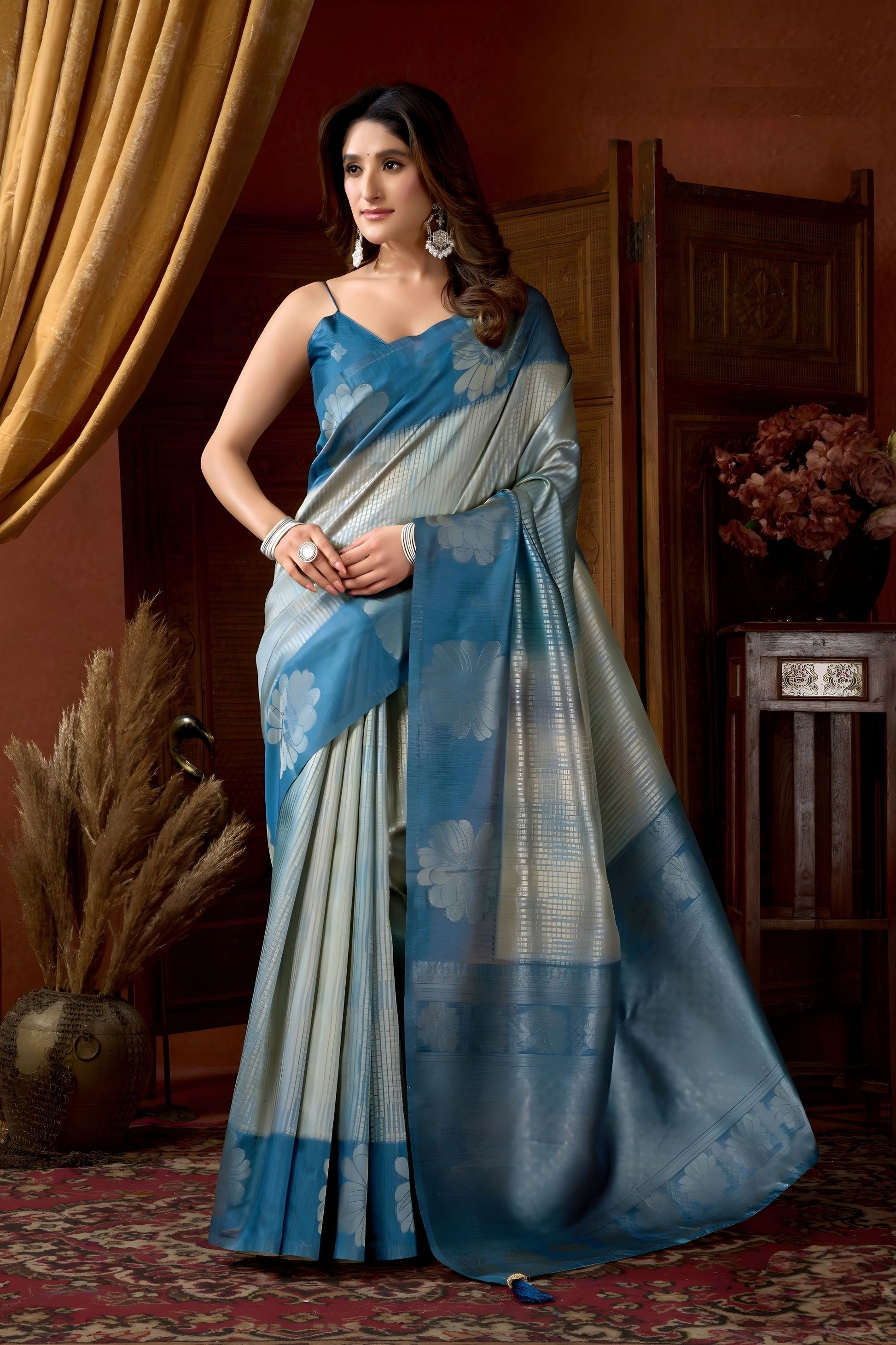  Blue Silver Banarasi Silk Saree with Woven Floral Design 