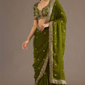  Olive Green Silk Saree with Heavy Zari Embroidered Border Designer Blouse
