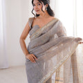 Elegant Grey Linen Designer Saree with Mirror Work Border