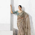 Elegant Beige Saree Designer Green Blouse Party Wear