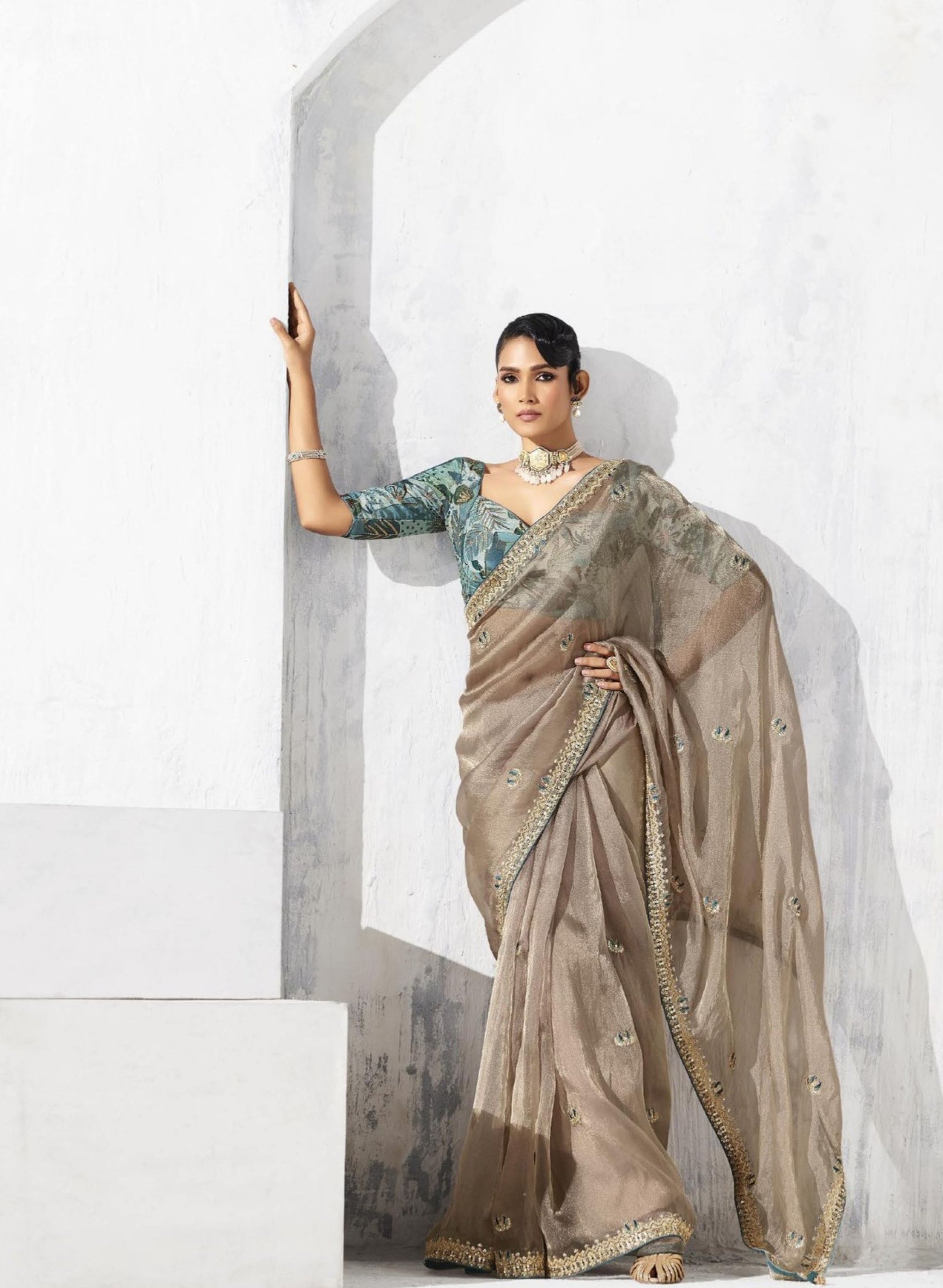 Elegant Beige Saree Designer Green Blouse Party Wear