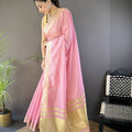 Pink Linen Silk Saree with Golden Zari Border Tassel Pallu