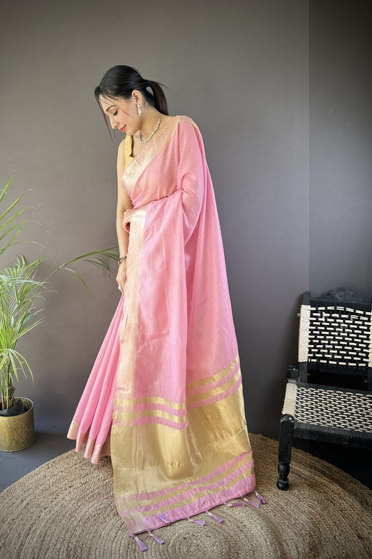 Pink Linen Silk Saree with Golden Zari Border Tassel Pallu