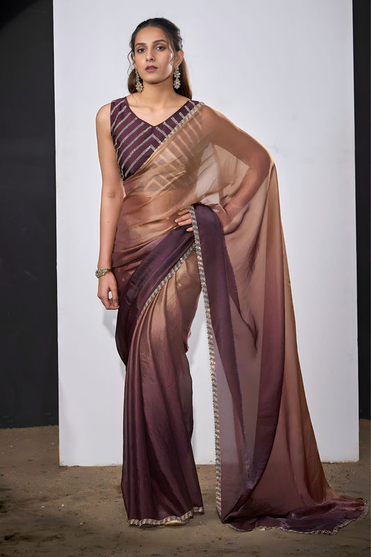 Wine Brown Copper Dual Tone Saree with Designer Border