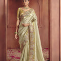 Light Olive Green Silk Saree Heavy Floral Zari Embroidery Designer Blouse 