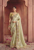 Light Olive Green Silk Saree Heavy Floral Zari Embroidery Designer Blouse 