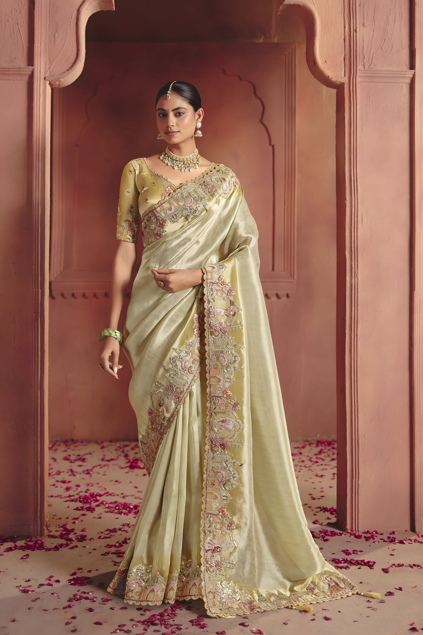 Light Olive Green Silk Saree Heavy Floral Zari Embroidery Designer Blouse 