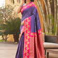 Royal Purple Silk Saree with Pink Contrast Border Floral Zari Work