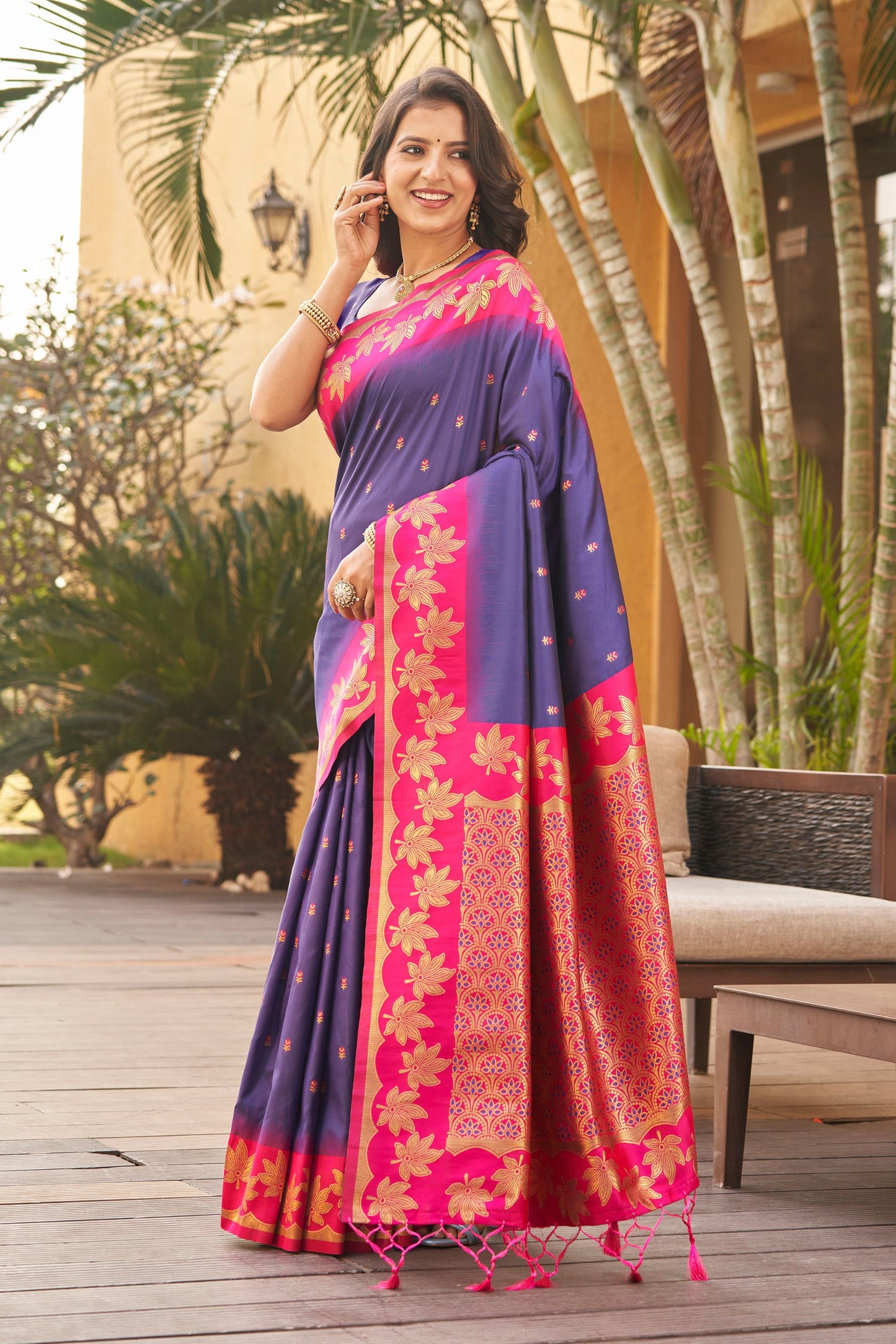 Royal Purple Silk Saree with Pink Contrast Border Floral Zari Work