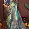Elegant Sea Green Navy Blue Banarasi Silk Saree and Contrast Border