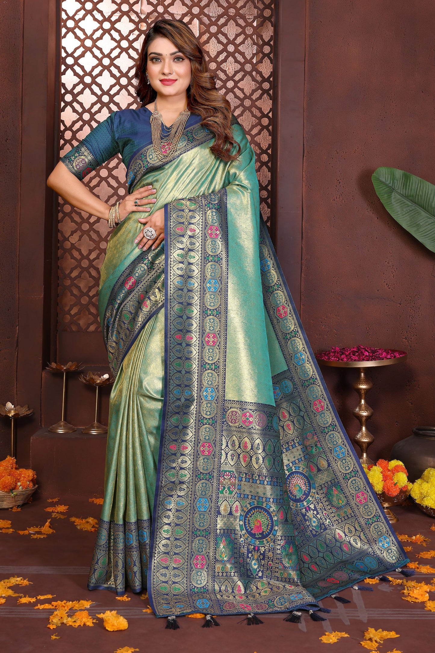 Elegant Sea Green Navy Blue Banarasi Silk Saree and Contrast Border