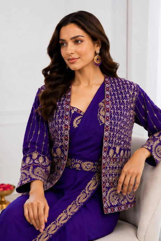 Purple Designer Saree Heavy Golden Embroidered Jacket Border