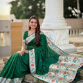 Dark Green Floral Woven Linen Silk Saree Designer Peacock Border