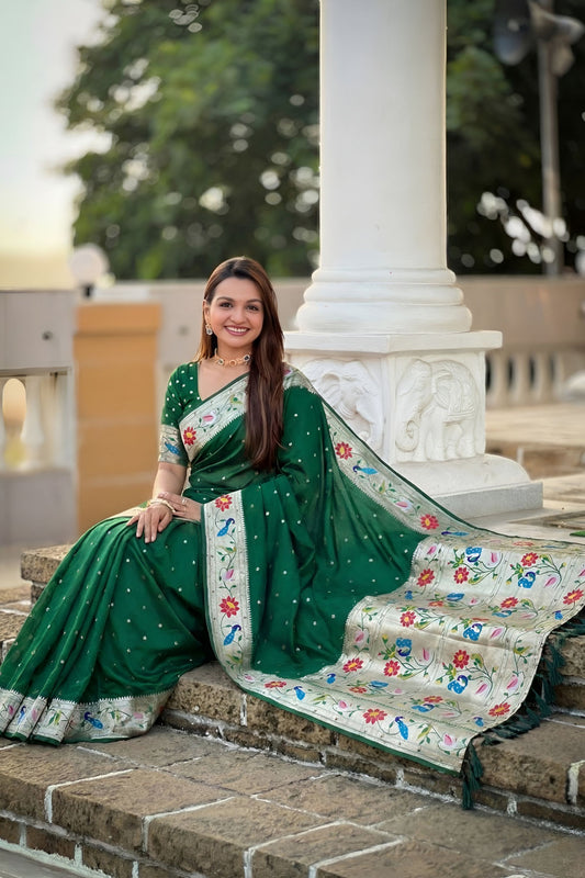 Dark Green Floral Woven Linen Silk Saree Designer Peacock Border