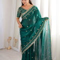 Luxury Teal Green Organza Silk Saree with Golden Embroidered Border