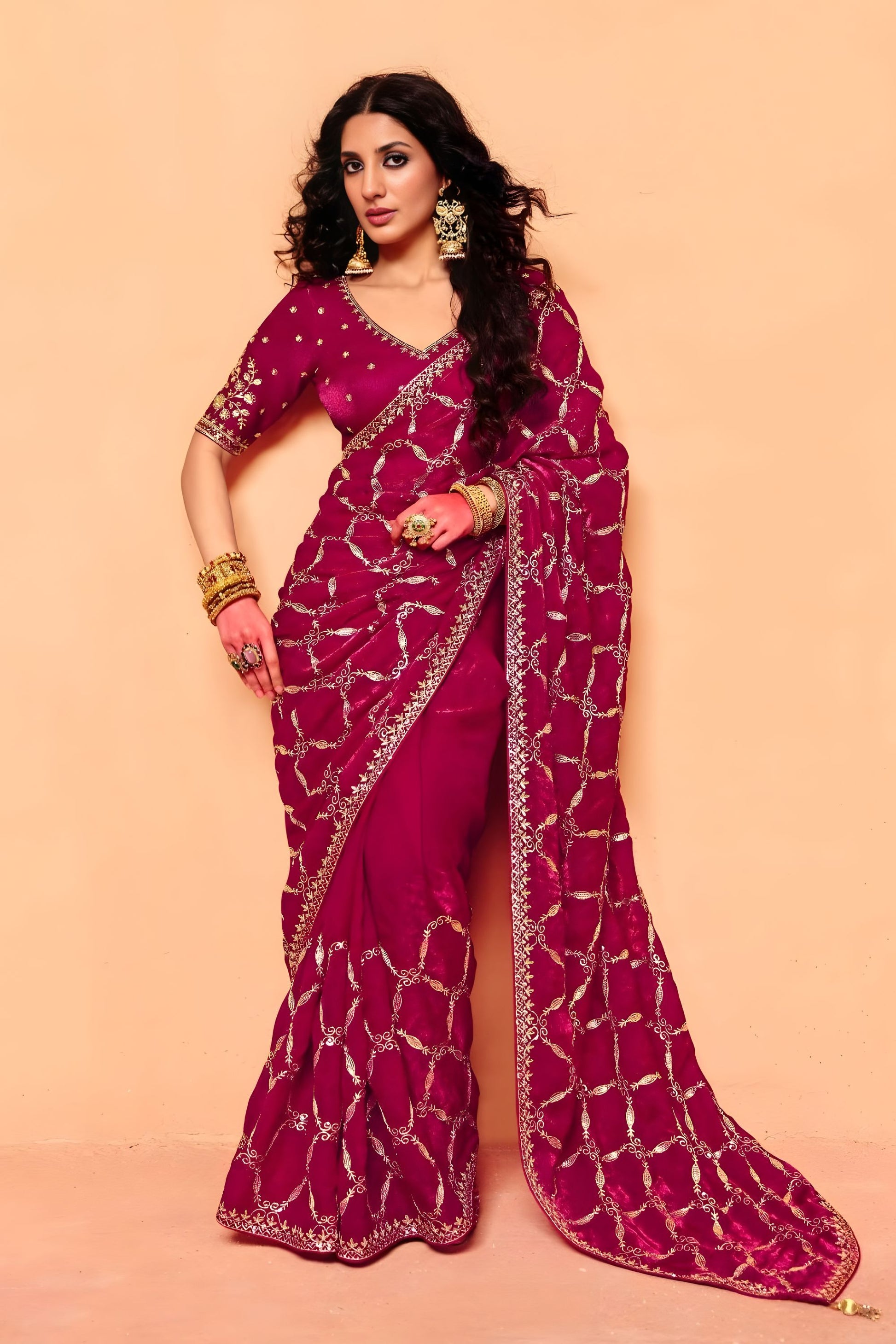 Rani Pink Designer Embroidered Silk Saree Heavy Zari Work Border Blouse Piece